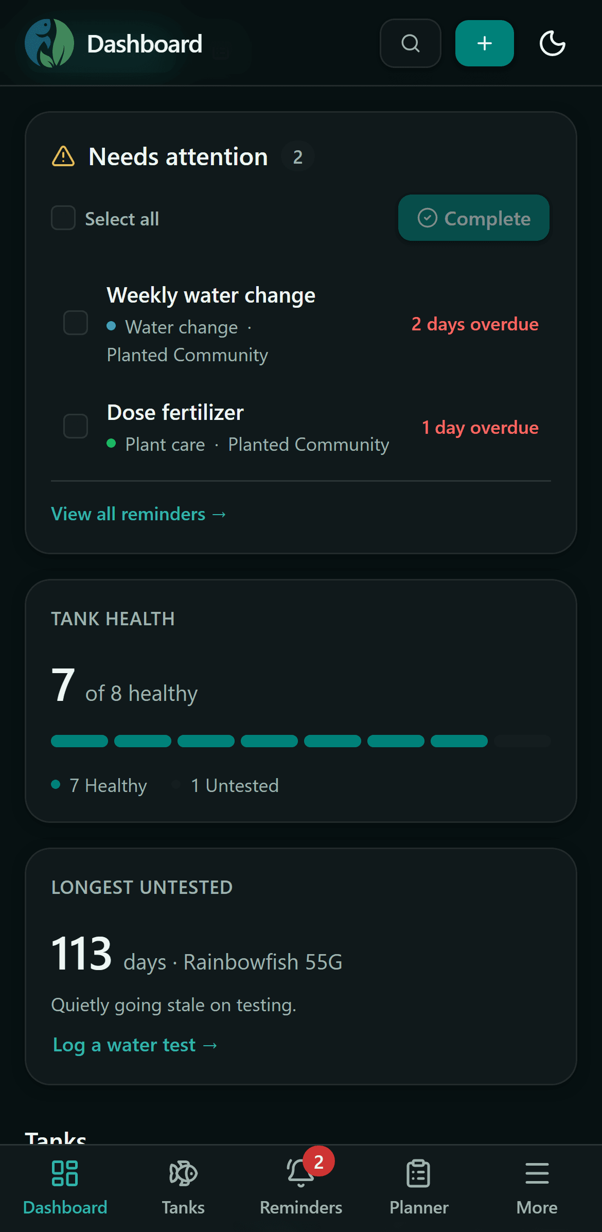 The TankBud dashboard, with two overdue reminders, tank health and the tank that has gone longest without a test.