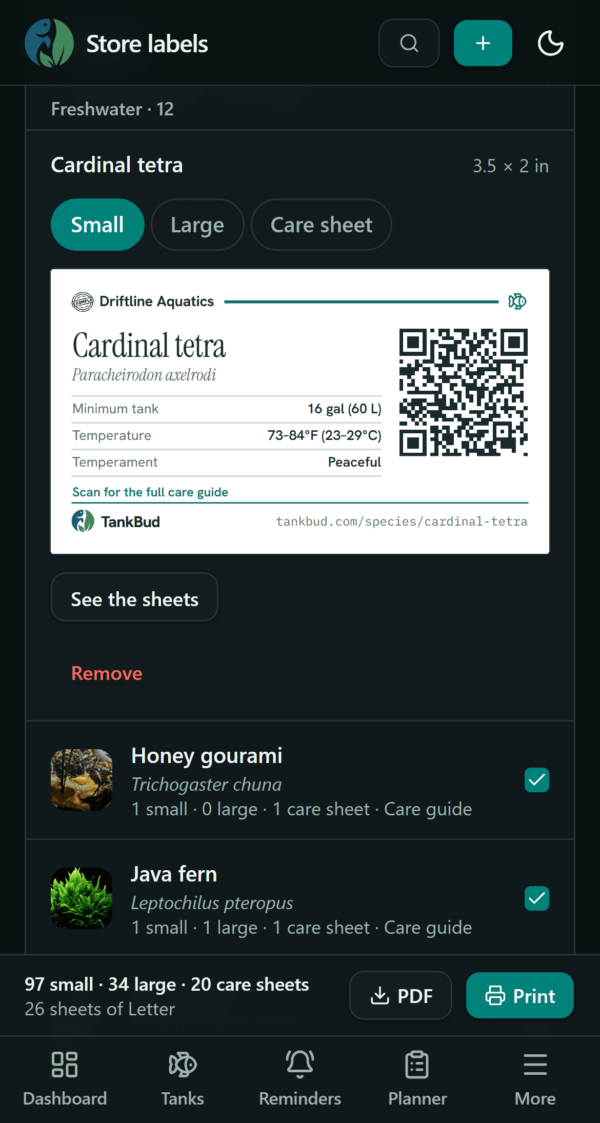 The label builder in the app, with the Driftline Aquatics list and a label preview beside it.