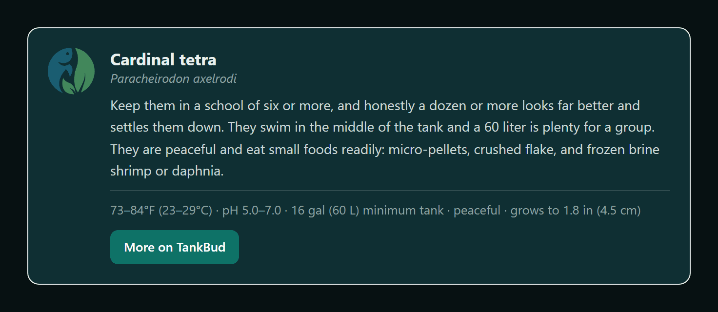 A TankBud cardinal tetra card on a dark background with light text and a button link