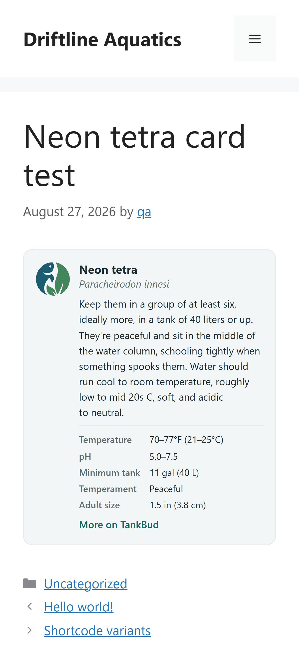 A blog post on a fish store's WordPress site with a TankBud neon tetra card in the content and a cardinal tetra card in the sidebar