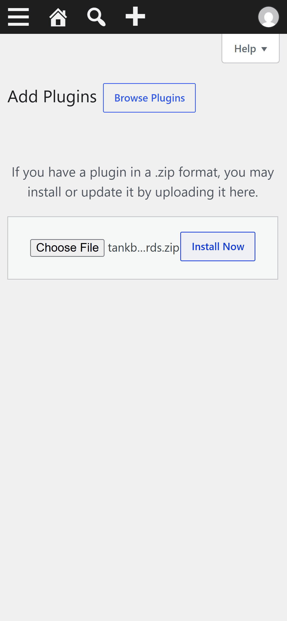 The WordPress upload plugin screen with tankbud-species-cards.zip selected