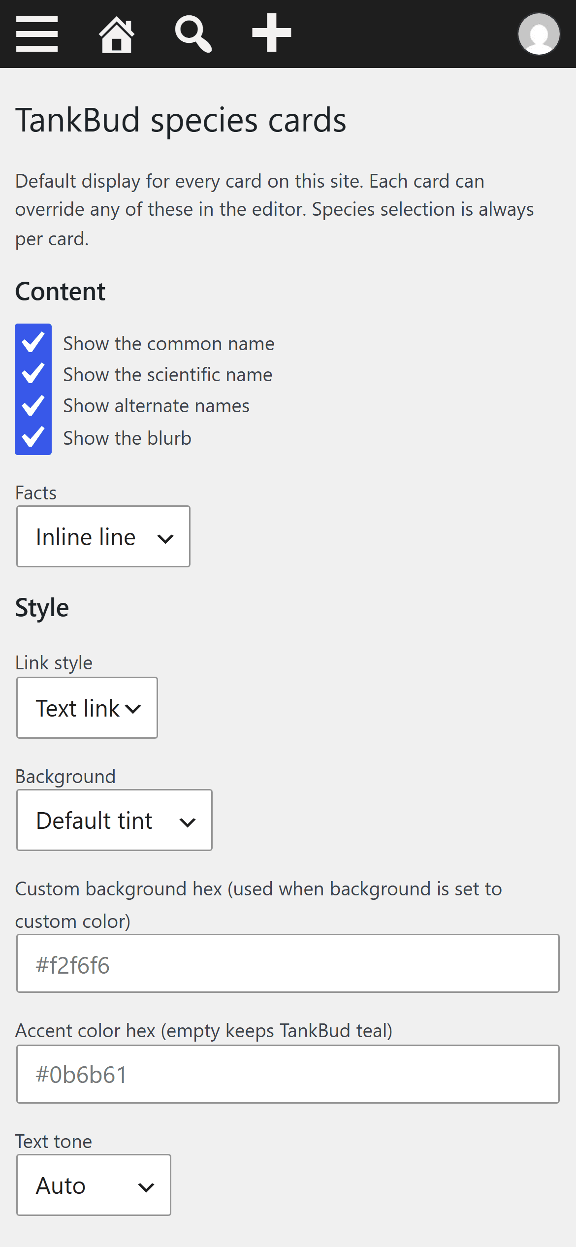 The TankBud species cards settings screen with the site-wide display defaults