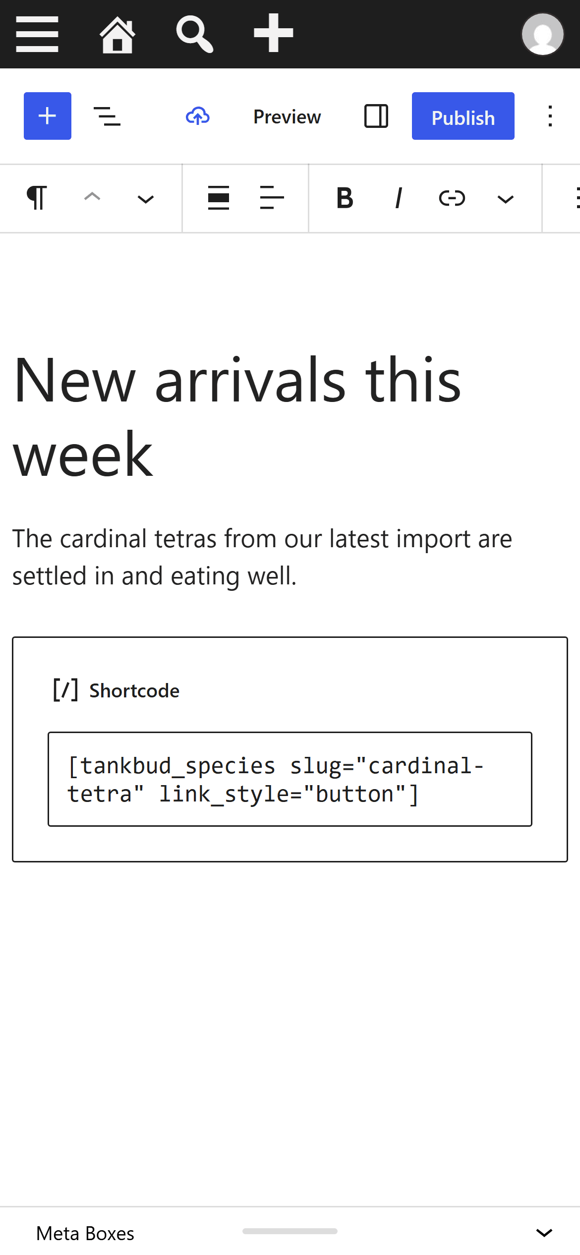 A draft post in the WordPress editor with a shortcode block holding the tankbud_species shortcode