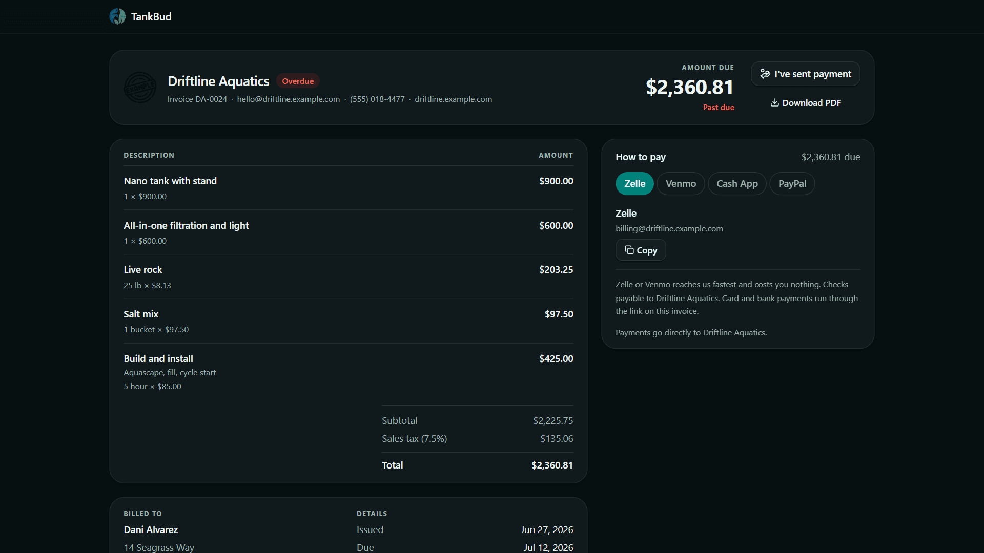 A TankBud invoice as the client sees it