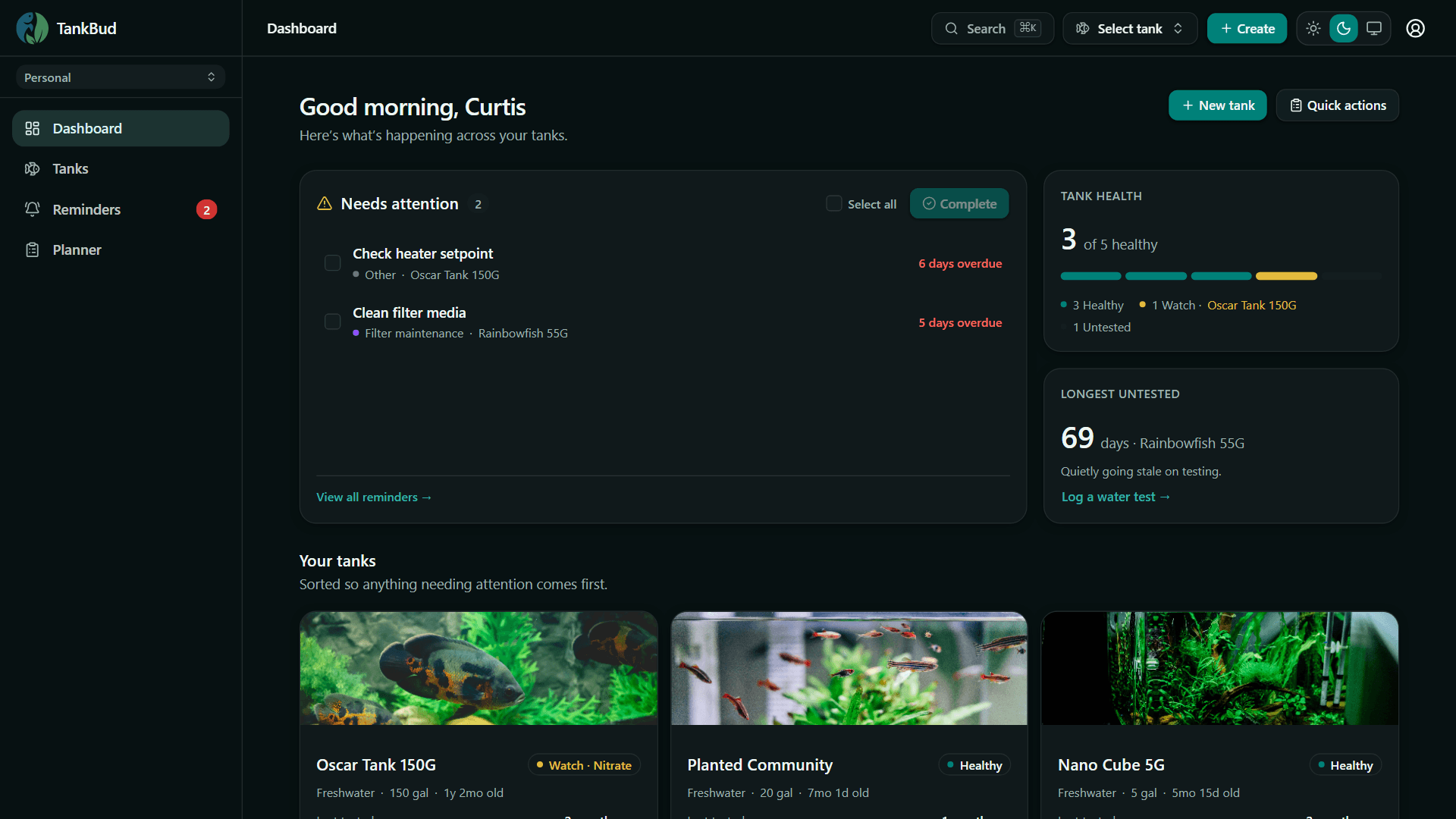 TankBud dashboard