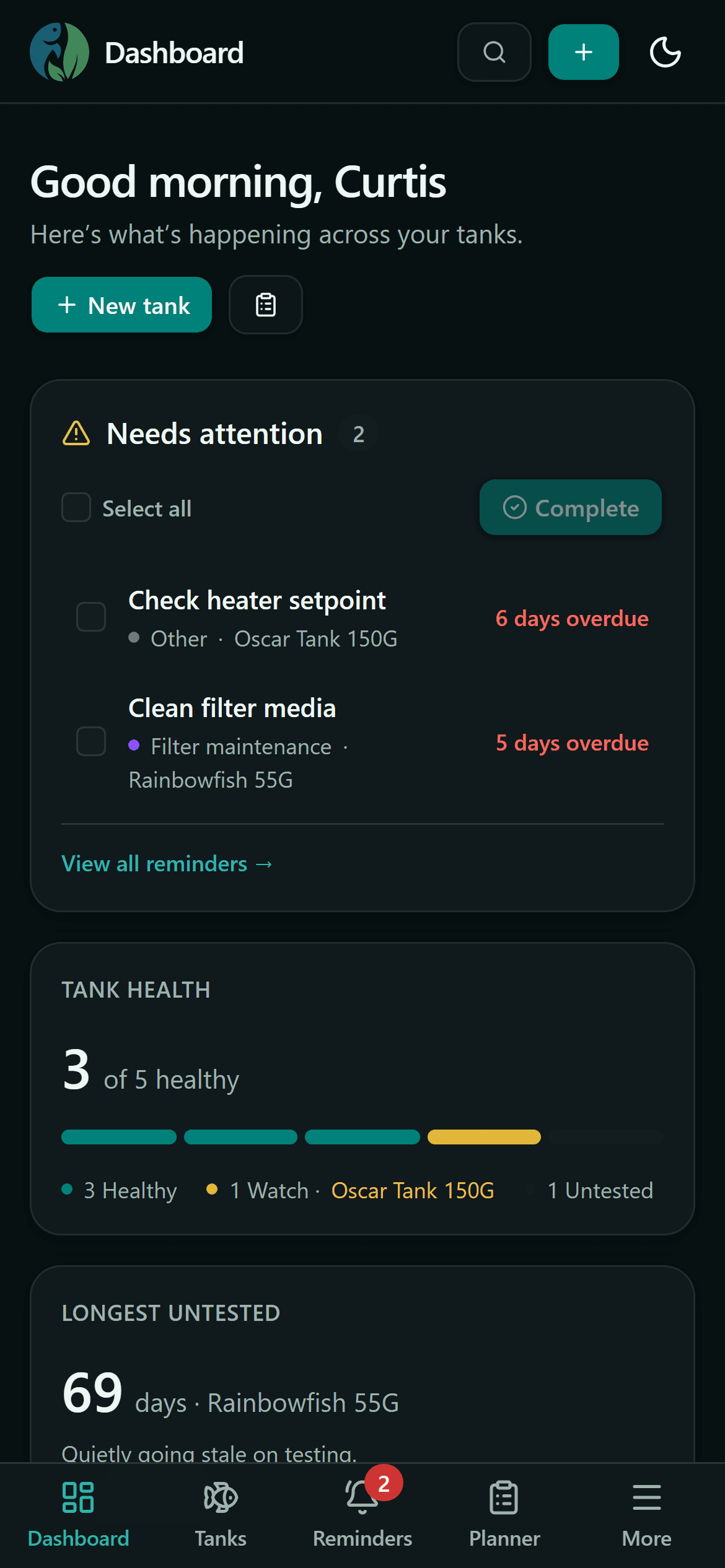 TankBud dashboard on a phone