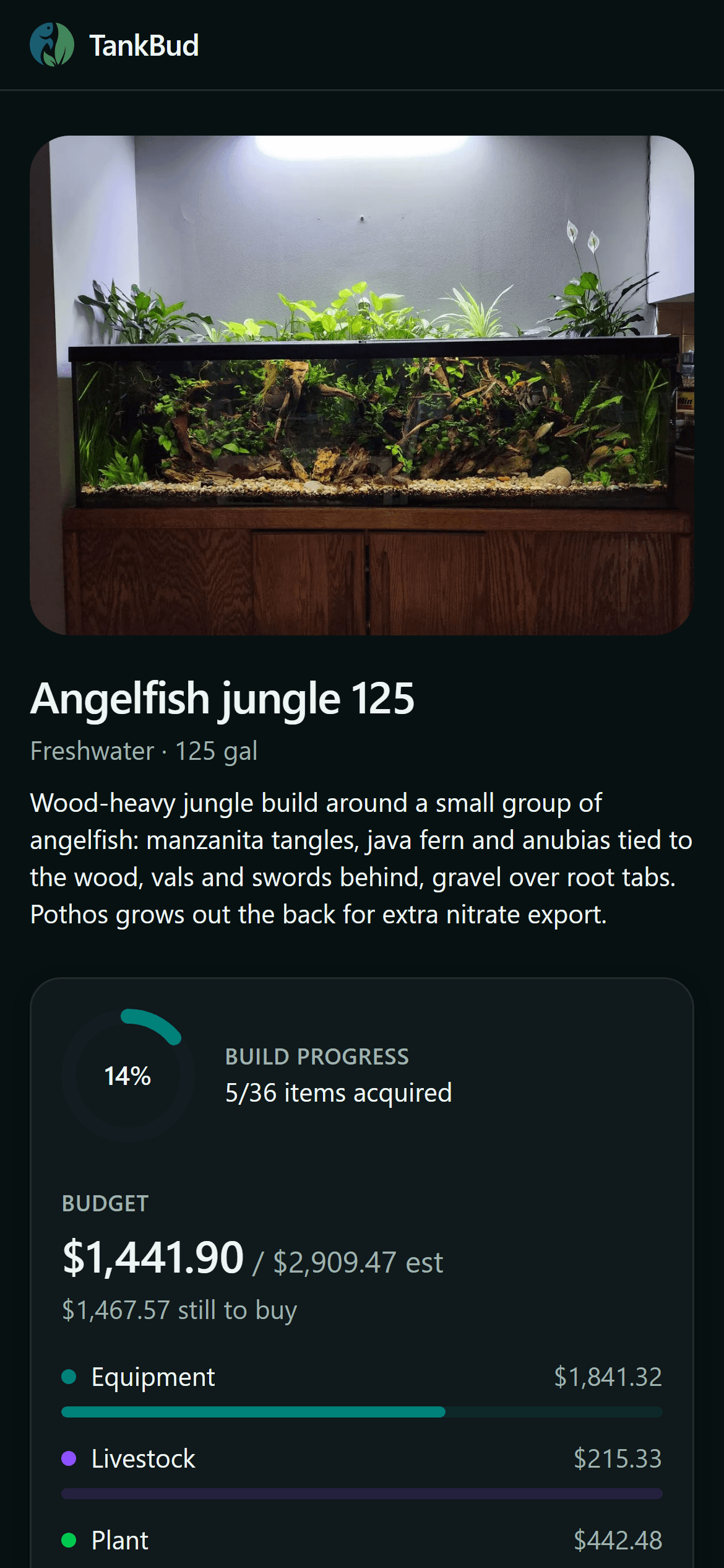 A shared TankBud plan on a phone