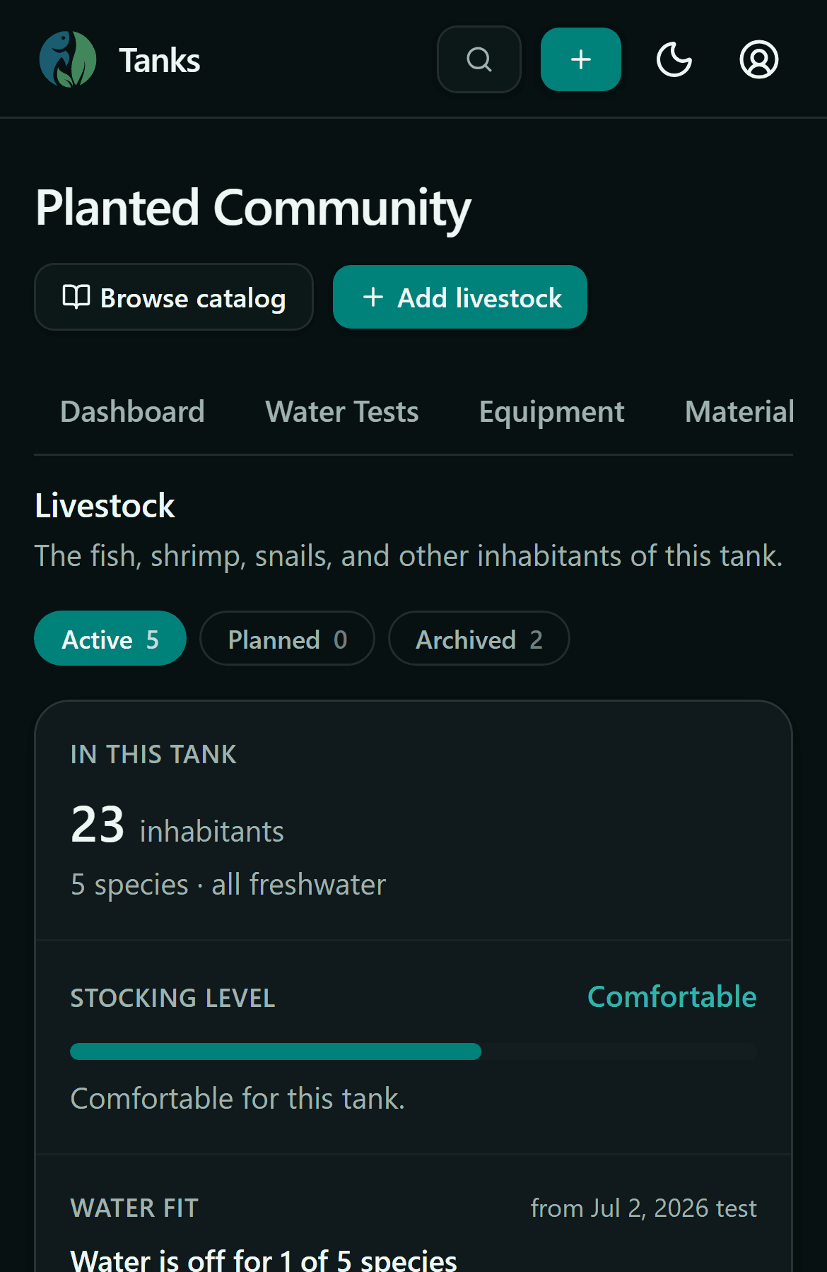 TankBud livestock page: stocking level and per-species water fit checks against the latest test.