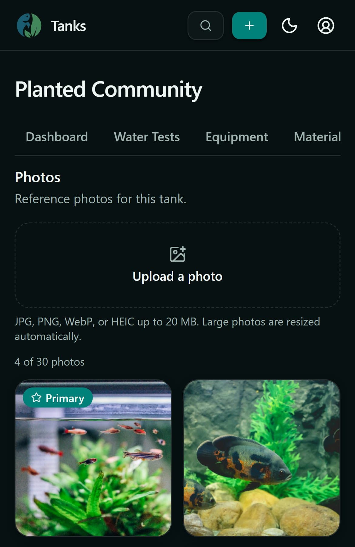 TankBud photos page: a tank's photo gallery showing the scape growing in over time.