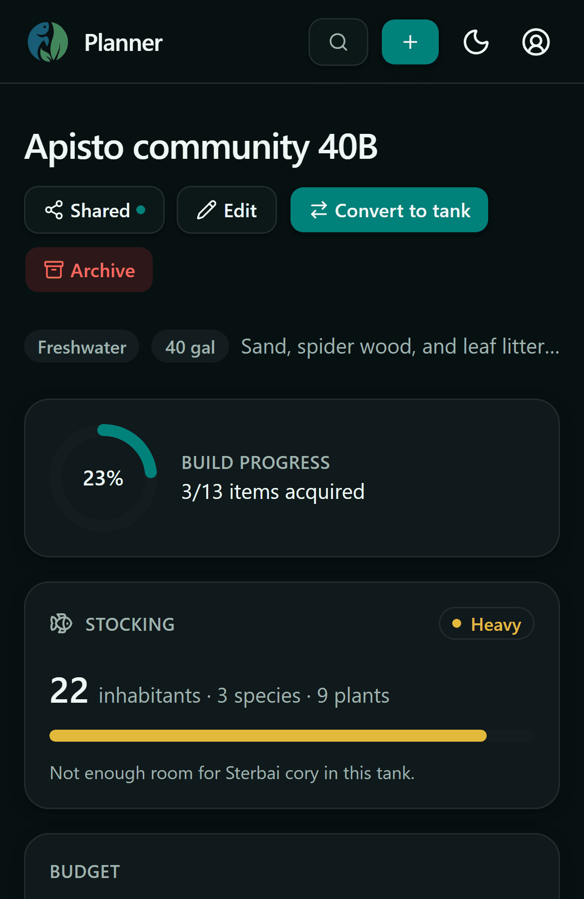 TankBud planner: a planned tank's build list with budget total and projected stocking.