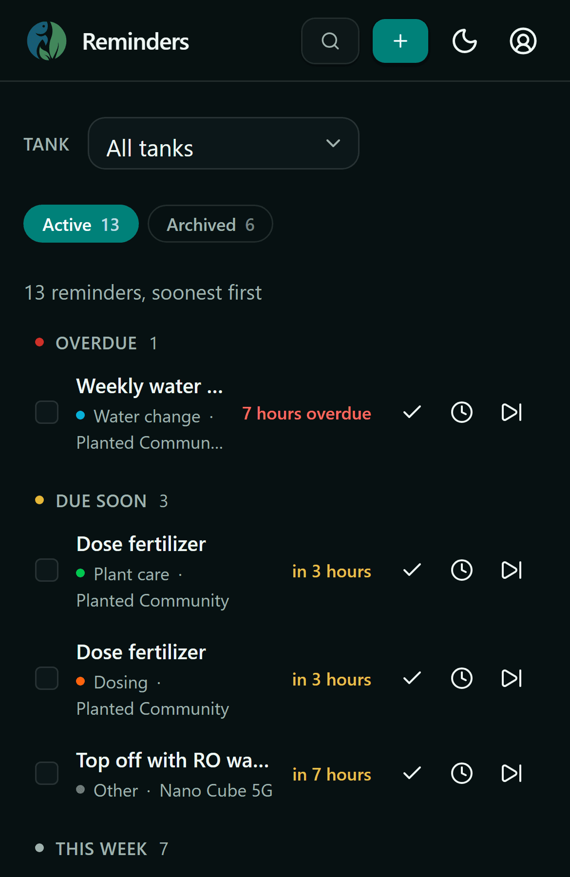 TankBud reminders hub: maintenance reminders across tanks with due and overdue states.
