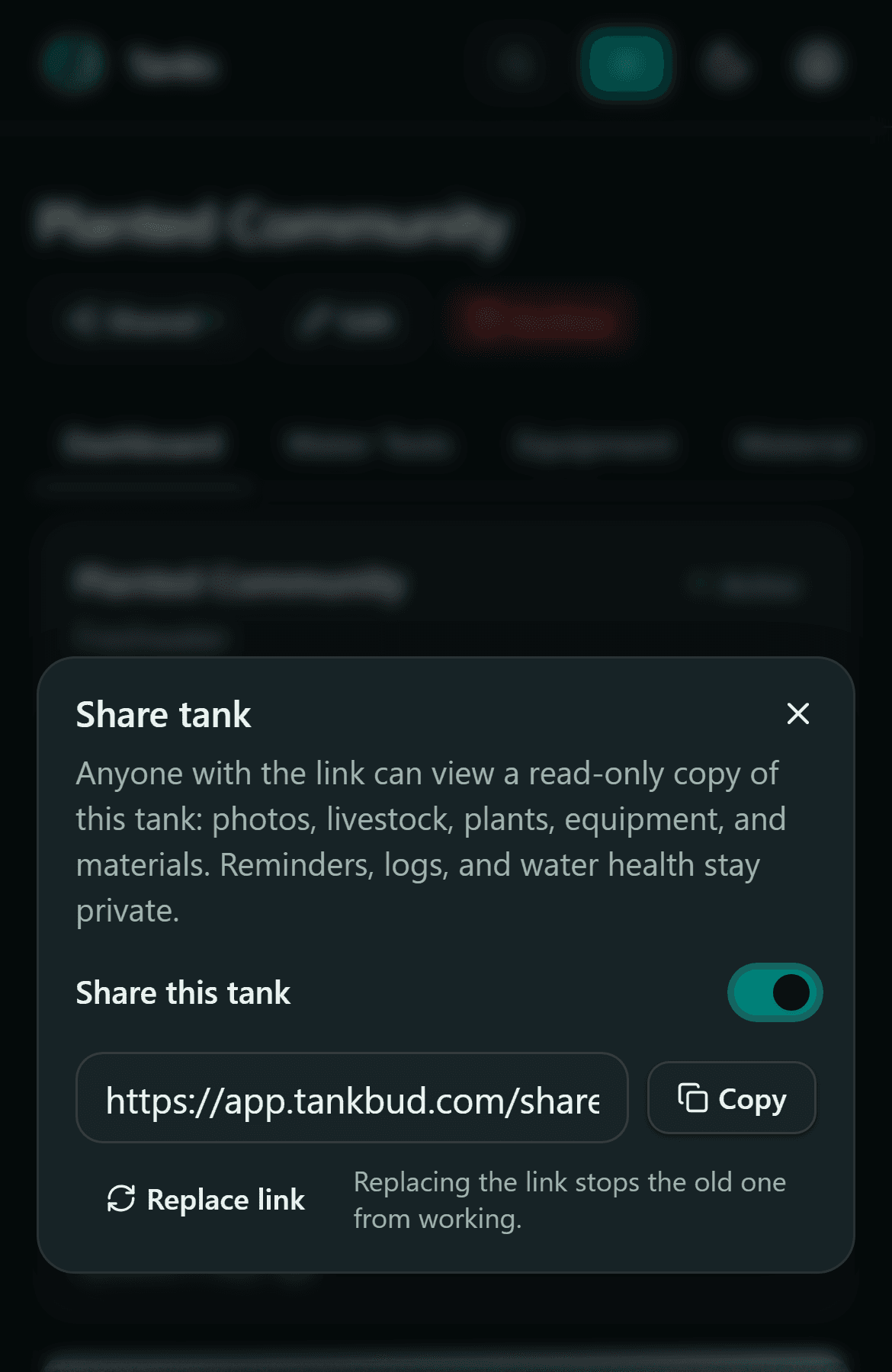 Share dialog on a tank page: sharing switch, copyable guest link, and replace link action.