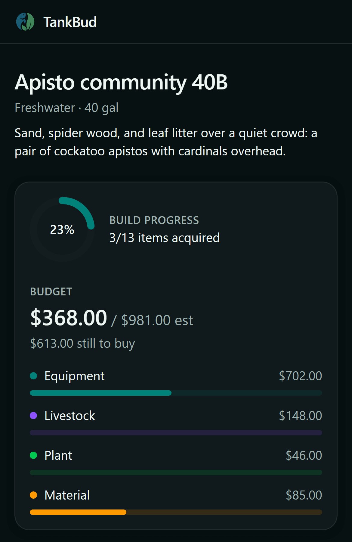 Shared plan guest page: build progress, budget breakdown, and the priced build list.