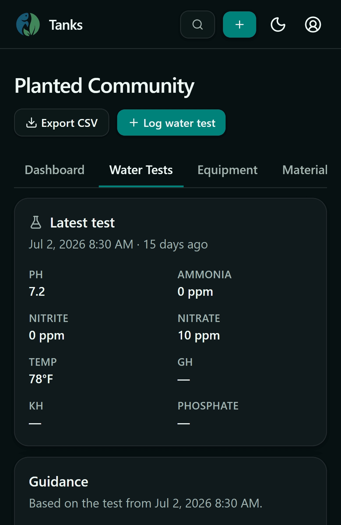TankBud water tests page: parameter trend chart with recent test history for a planted tank.