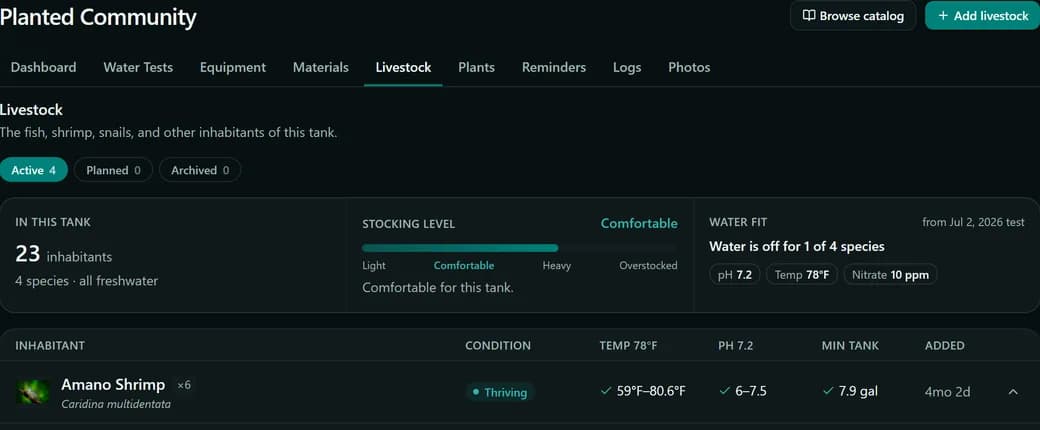 Stocking level and water fit in the TankBud app